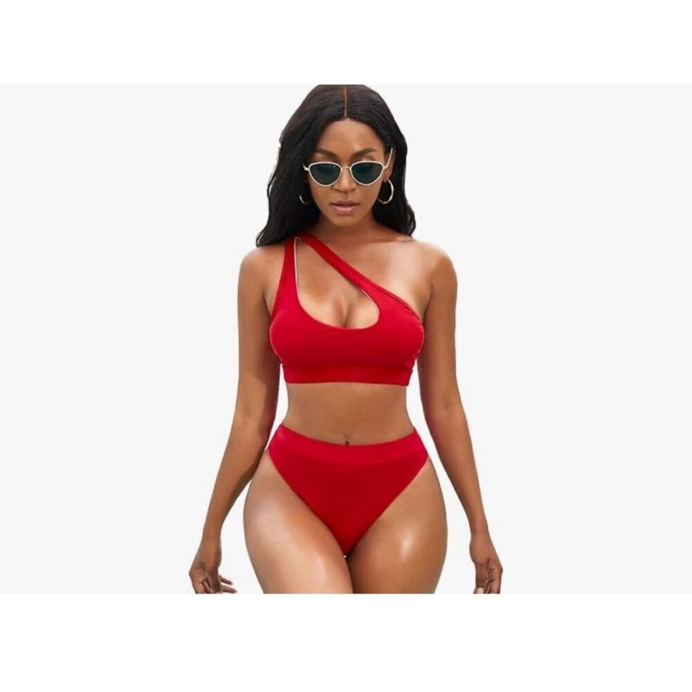 NEW One Shoulder Cutout Bikini Swim Beach Vacation Red Bathing Suit size S